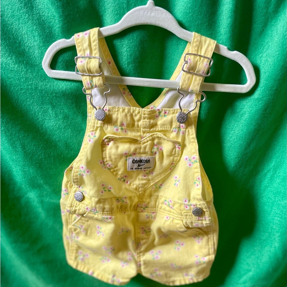 OshKosh B’gosh Yellow Floral Heart Pocket Shortalls-12M-Baby Girl Romper